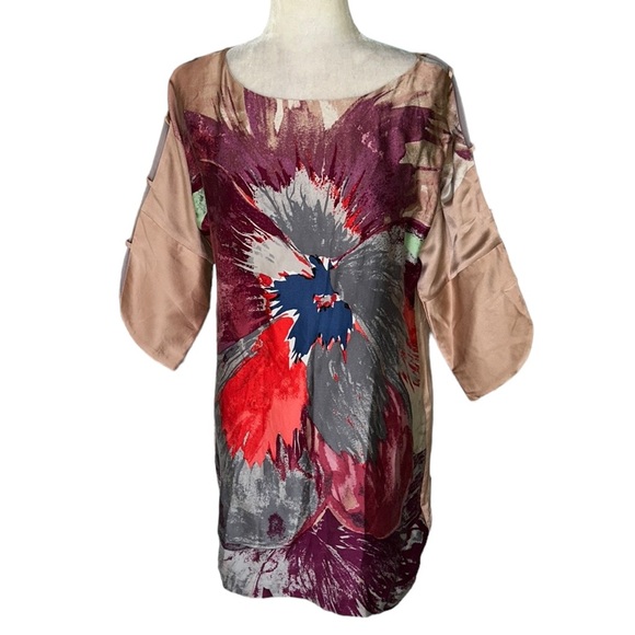 Tibi Silk Abstract Floral Cutout Kimono Sleeve Tunic Column Mini Dress - 2 - Picture 2 of 12